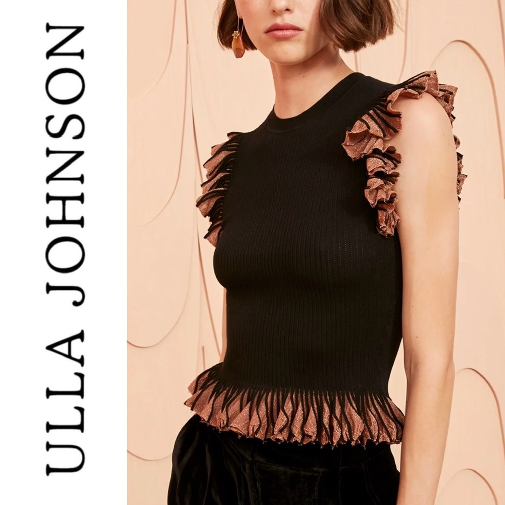 Ulla Johnson Black Knit Sleeveless Top with Bronze Ruffle Trim